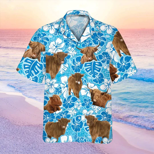 Highland cow Blue Floral Hawaiian Shirt/ Cow Hawaii Shirt/ Cow Lovers Shirt For Men