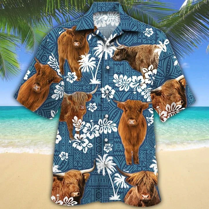 Highland Cattle Lovers Blue Tribal Hawaiian Shirt/ Horse Hawaiian shirts/ Horse aloha shirt for men/ Hawaii shirt woman