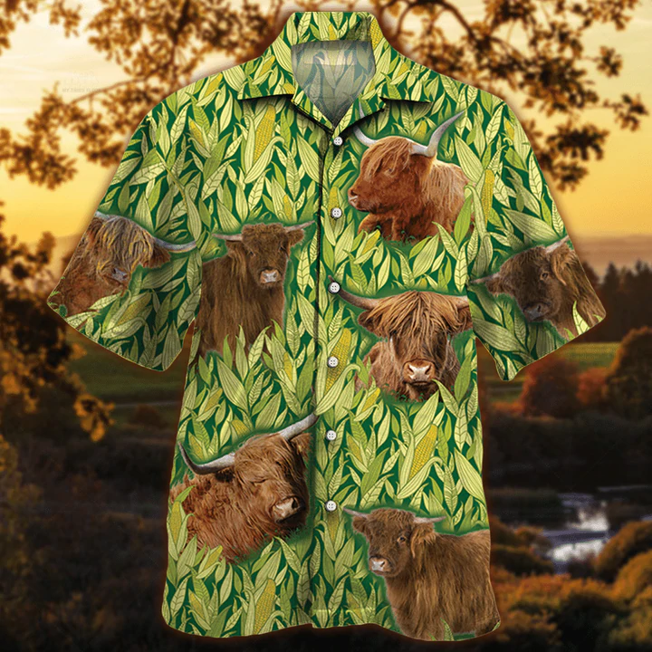 Highland Cattle Hawaiian Shirt/ Vintage Farm Hawaiian Shirts for Men/ Animals Button Down Mens Hawaiian Shirts