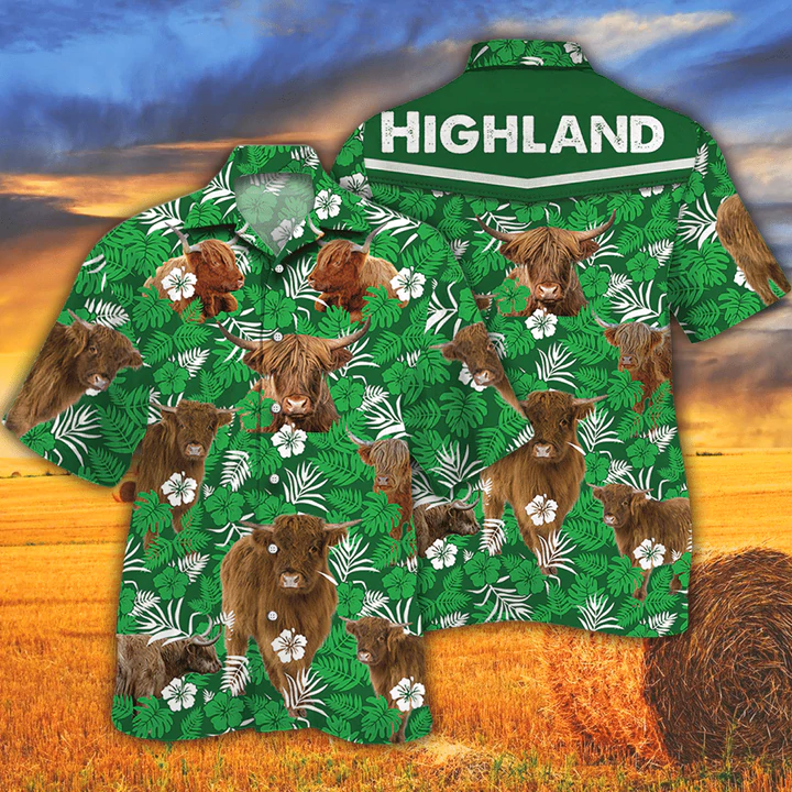 Cow Hawaiian shirts for men/ women - Highland Cattle Lovers Green Floral Pattern Hawaiian Shirt