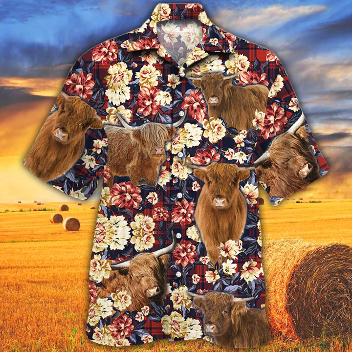 Cow Hawaiian shirt for men/ Highland Cattle Red Plaid Pattern Hawaiian Shirt/ Summer Hawaiian shirt/ Animal shirt