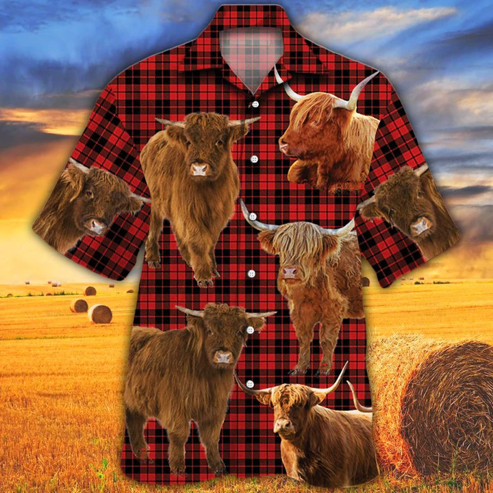 Highland Cattle Lovers Red Tartan Pattern Hawaiian Shirt- Cow Aloha Shirt/ Gift For Cow Lovers