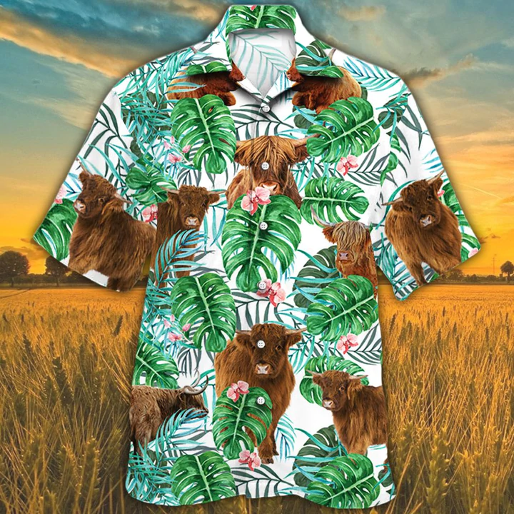 Highland Cattle Lovers Tropical Plant Hawaiian Shirt/ Cow Hawaiian shirt/ Hawaiian shirts for men/ women