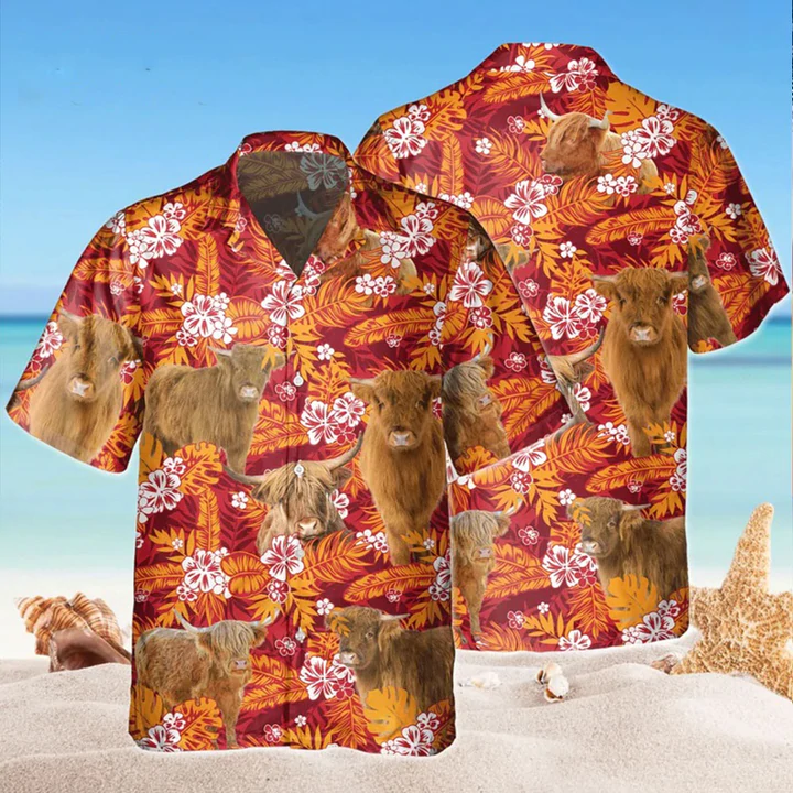 Highland Red Orange Floral Hawaiian Shirt/ Flowers Aloha Shirt For cow Lovers