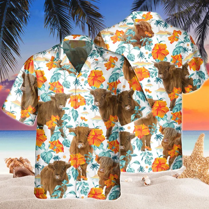 Highland Bright Hibiscus Flowers Hawaiian Shirt/ Cow Hawaii shirts men/ Flowers Aloha Shirt For cow Lovers