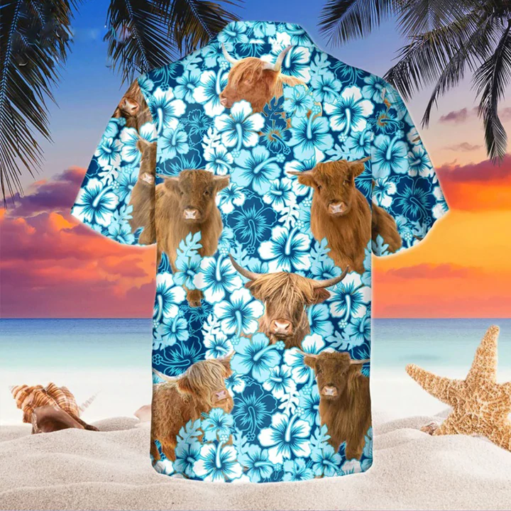 Highland Blue Hibiscus Flowers Hawaiian Shirt/ Cow Hawaii Shirt/ Cow Lovers Shirt For Men