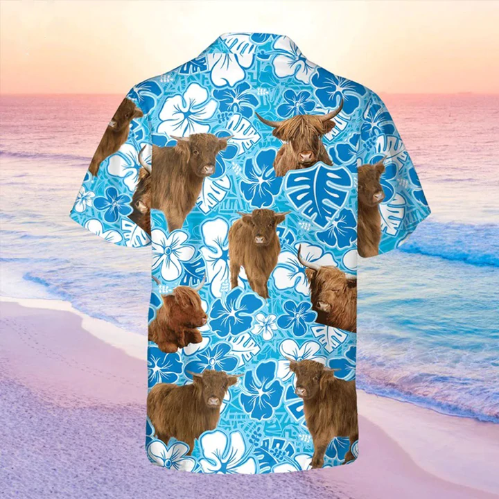 Highland cow Blue Floral Hawaiian Shirt/ Cow Hawaii Shirt/ Cow Lovers Shirt For Men
