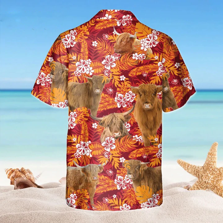 Highland Red Orange Floral Hawaiian Shirt/ Flowers Aloha Shirt For cow Lovers