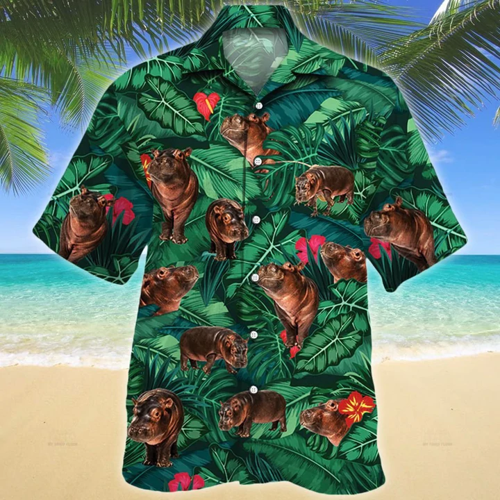 Hippo Lovers Gift Hawaiian Shirt/ Tropical Hippo Men Hawaiian Shirts - Casual Button Down Short Sleeve Shirt