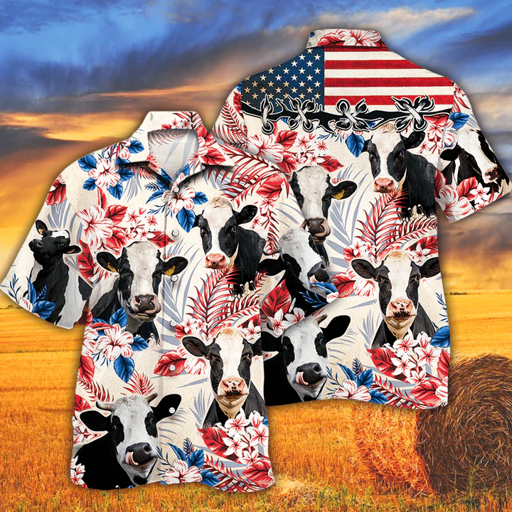 Holstein Friesian Cattle Lovers American Flag Hawaiian Shirt/ Cow Hawaiian shirt vintage/ Hawaiian shirt for men and women