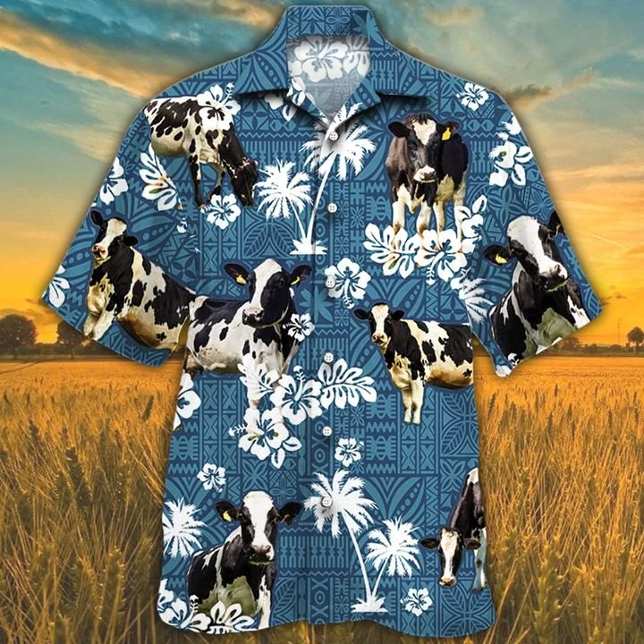 Holstein Friesian Cattle Lovers Blue Tribal Hawaiian Shirt/ Cow Hawaiian shirts for men/ Women