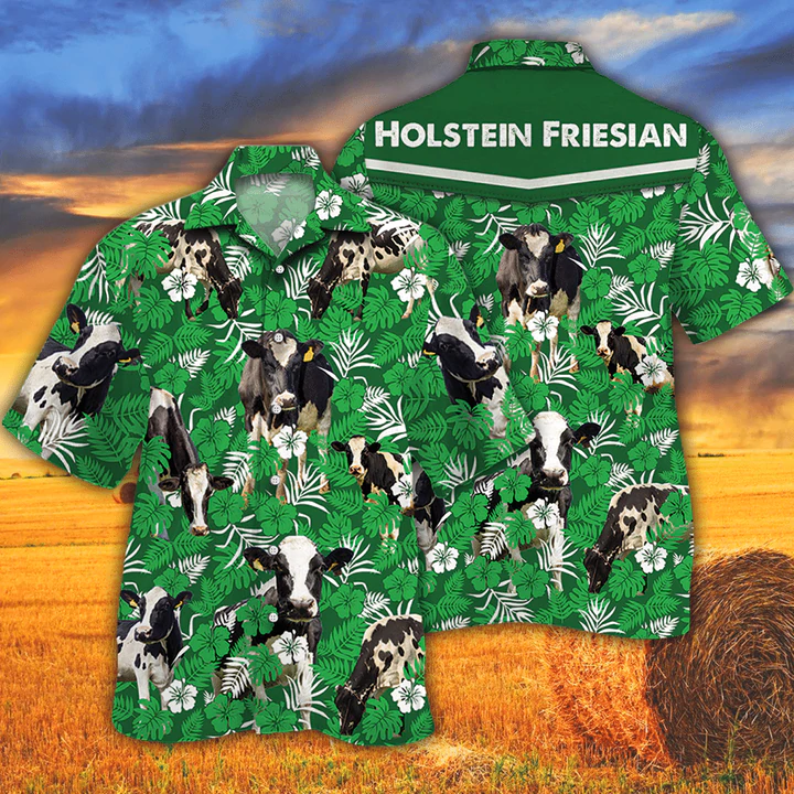 Cow Lovers Farm Cattle Mens Hawaiian Shirt - Holstein Friesian Cattle Lovers Green Floral Pattern Hawaiian Shirt