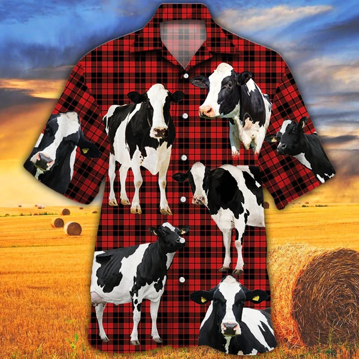 Holstein Friesian Cattle Lovers Red Tartan Pattern Hawaiian Shirt- Animal hawaiian shirt/ Cow Aloha Shirt/ Gift For Cow Lovers