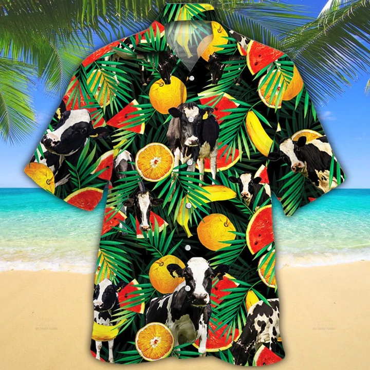 Cow Hawaiian shirt - Holstein Friesian Cattle Lovers Tropical Fruits Hawaiian Shirt - Aloha Shirt For Cow Lovers