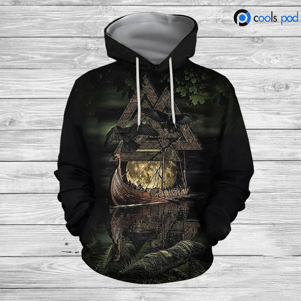 3D All Over Printed Viking Ship Hoodies/ Black Viking Hoodie For Adults