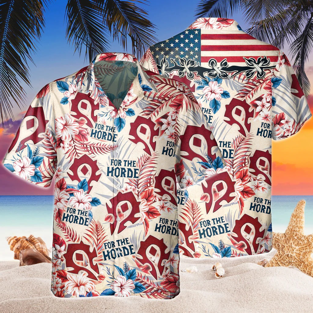 Funny World Of Warcraft Horde American Flag Hawaiian Shirts/ Independence Day Hawaii Aloha Beach Shirt