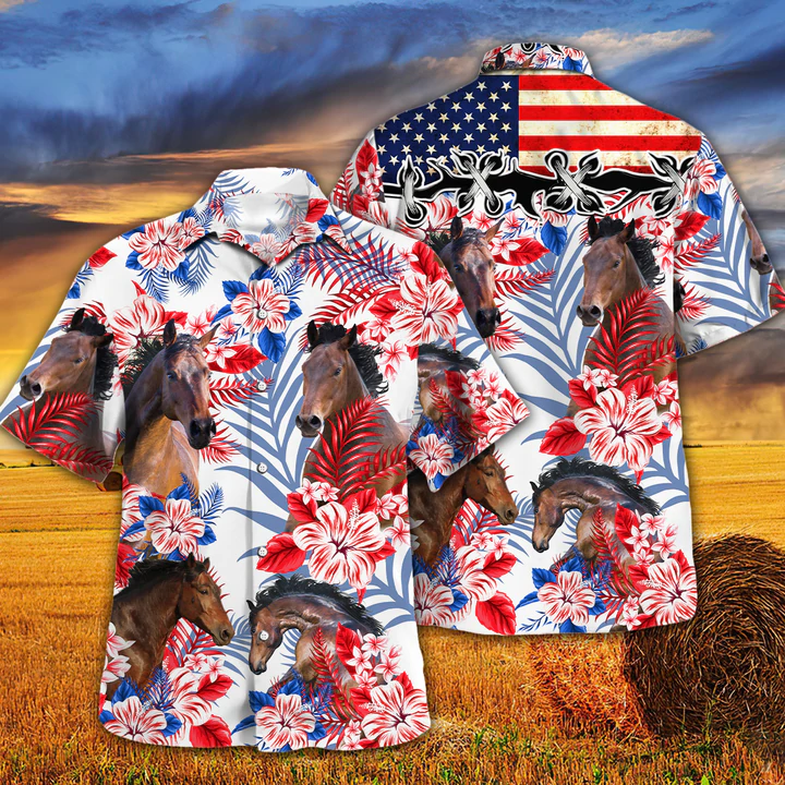 Horse Lovers American Flag Hawaiian Shirt/ Horse aloha Hawaiian shirt/ Hawaiian shirt men/ Hawaiian shirt women