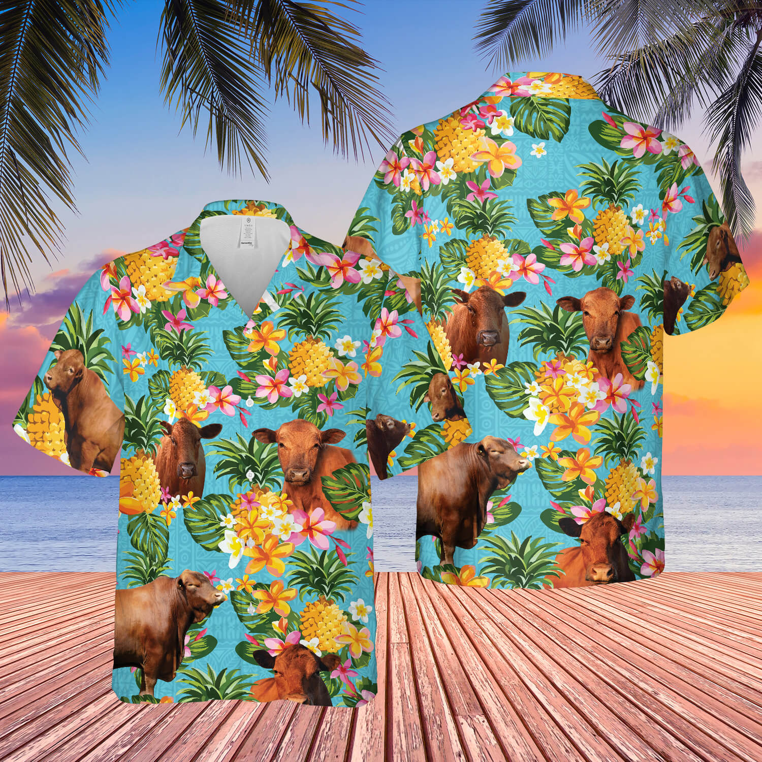 Pineapple Hawaiian Theme For Red Angus Cattle Lovers All 3D Printed Hawaiian Shirt