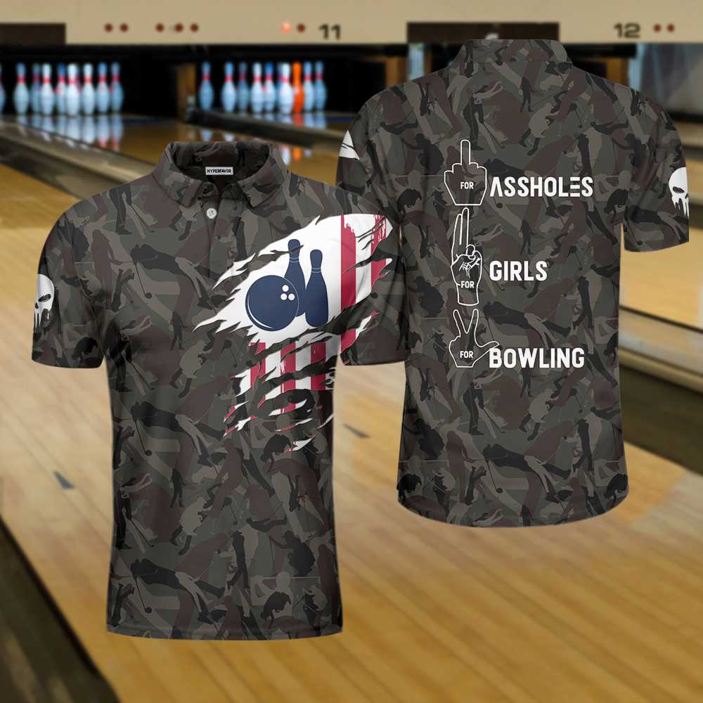 Hand Instruction For Girl And Bowling American Flag Polo Shirt/ Funny Hand Signs Camouflaged Bowling Polo Shirt For Men Coolspod