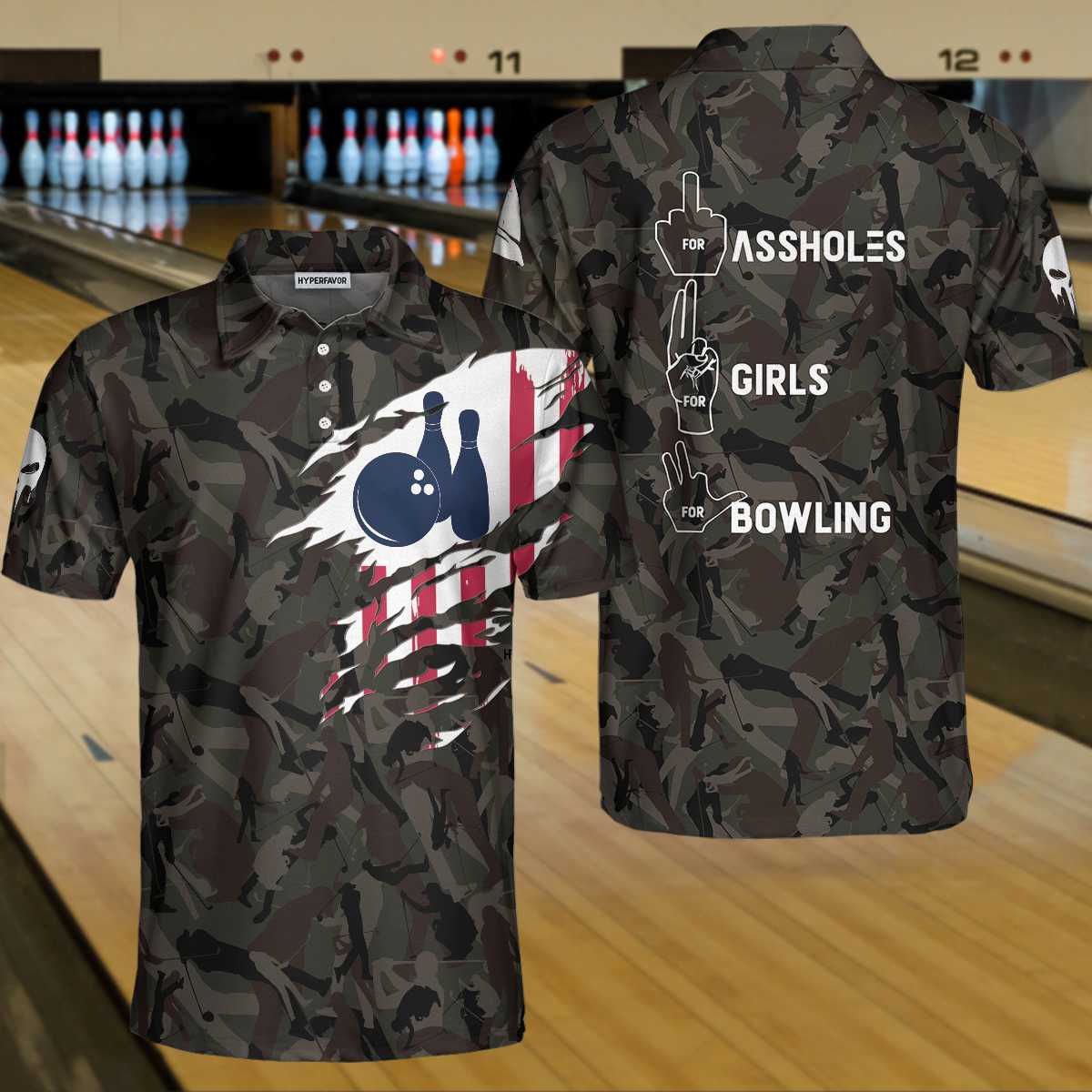 Hand Instruction American Flag Camouflage Bowling Polo Shirt/ Camo Bowling Shirt For Men Coolspod