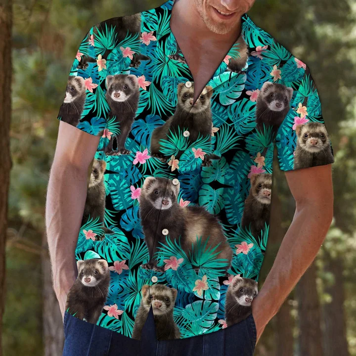 Happy Ferret Tropical Palm Leaves Summer Vacation Gift Hawaiian Shirt
