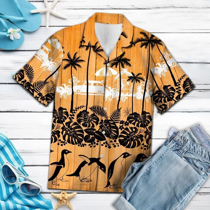 Happy Penguin Palm Tree Summer Vacation Hawaiian Shirt