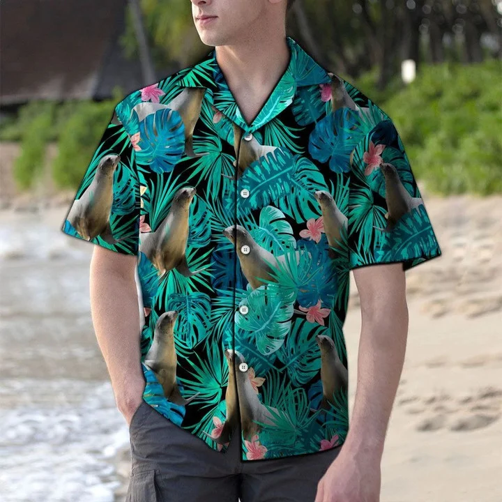 Happy Seal Playing In Tropical Jungle Pattern Hawaiian Shirt