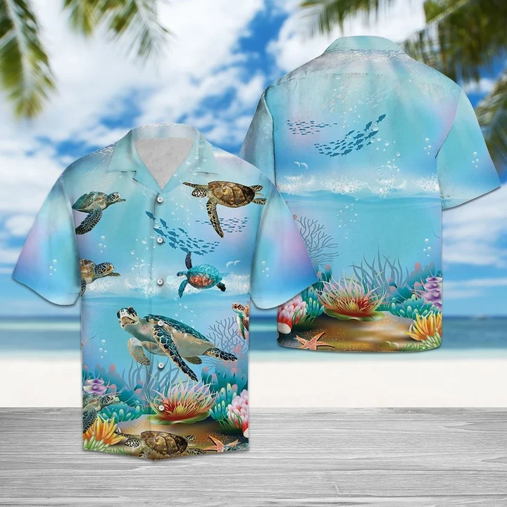 Happy Turtle Swimming Undersea Life Themed Hawaiian Shirt