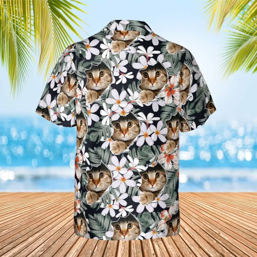 Tropical Nature Flower Leaves Hawaiian Custom Image Cat Summer Shirt Beach Hawaiian Shirt/ Summer Shirt for Men Women