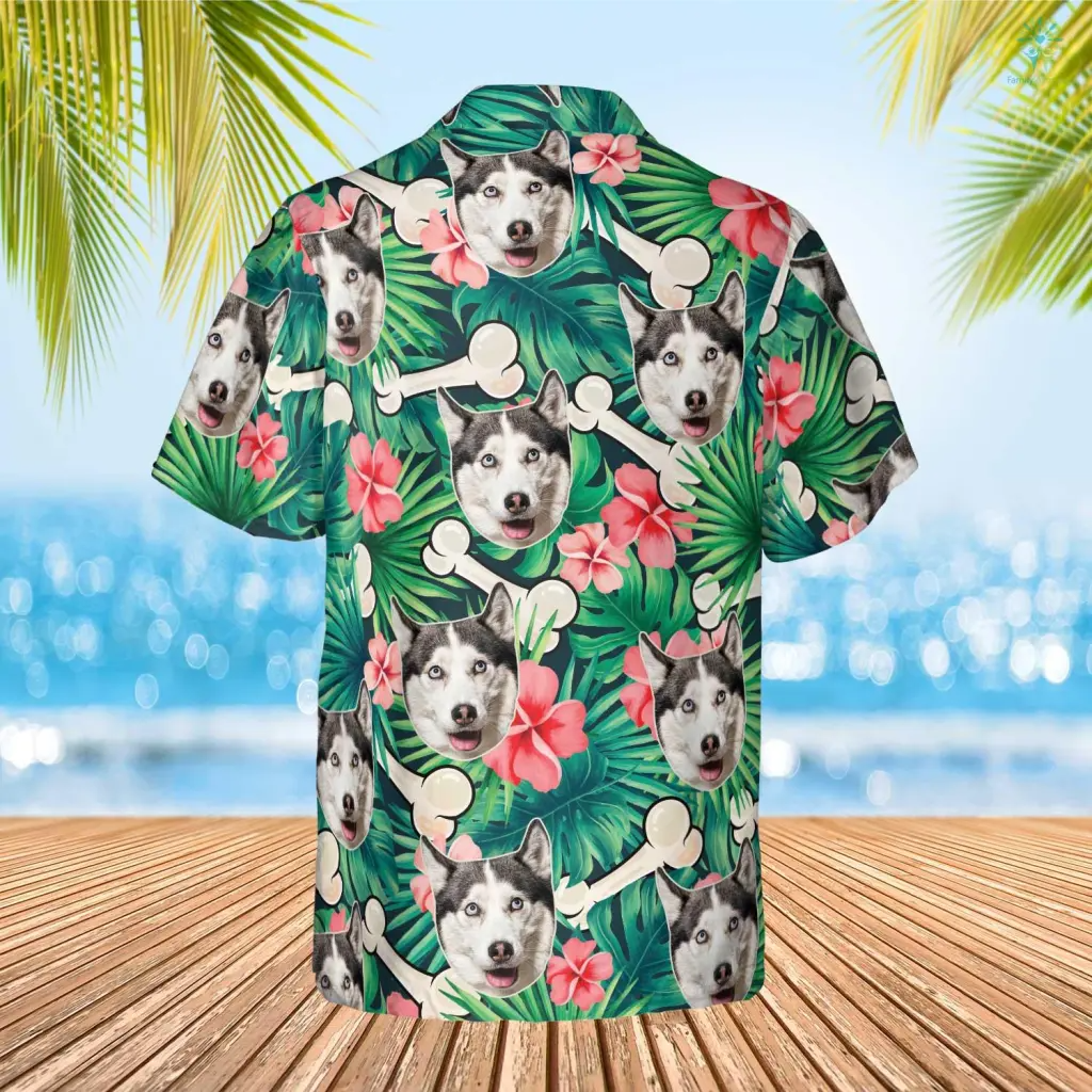Custom Photo Dog Green Leaves With Bones Hawaiian/ Funny Summer Shirt Beach Hawaiian Shirt/ Idea Gift for Pet Lover