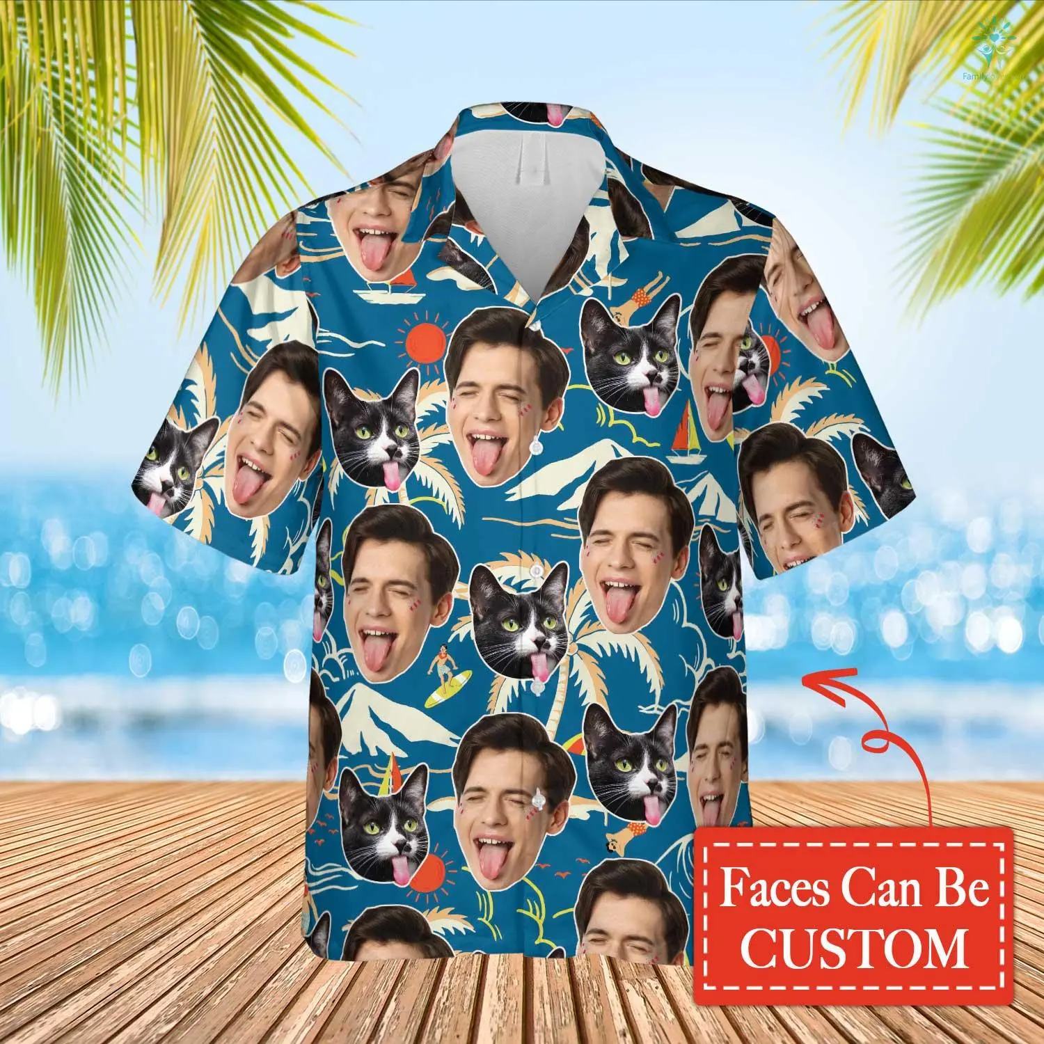 Blue Tropical Island Hawaiian Funny Custom Photo People and Pet Summer Shirt Beach Hawaiian Casual Button Down Short Sleeve Hawaiian Shirt