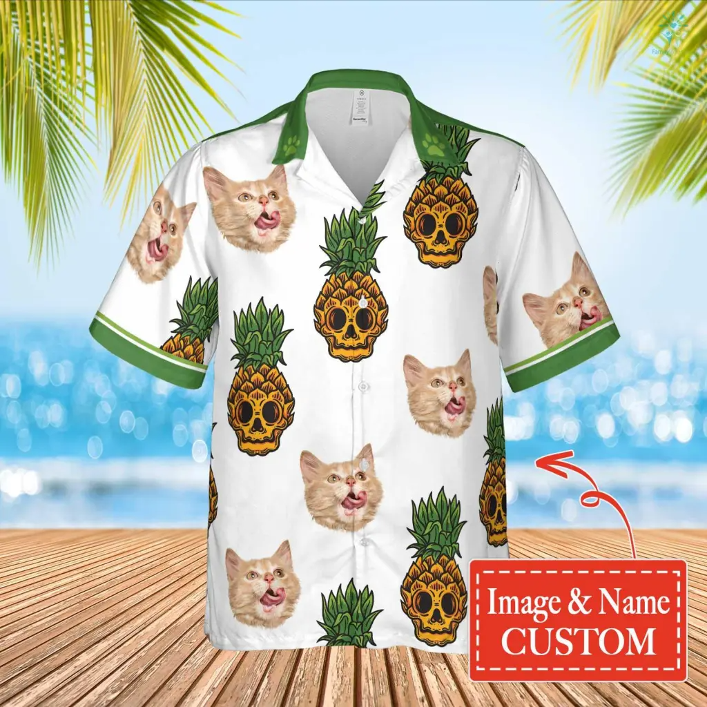 Pineapple Cat/ Peace/ Love Hawaiian Personalized Name And Image Cat Summer Shirt Beach Hawaiian Shirt