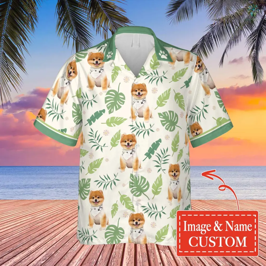 Custom Name And Image Dog Summer Hawaiian Shirt/ The Dog and The Leaves Shirt/ Gift for Men Women/ Idea Gift for Dog Lover