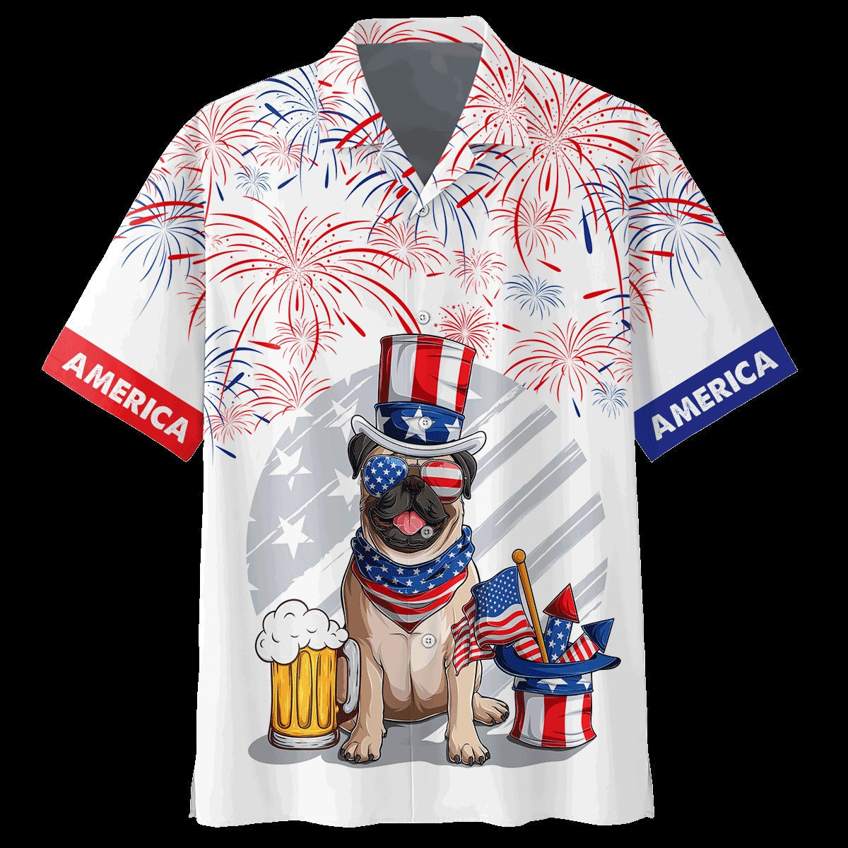 3D Full Print Independence''s Day Hawaiian Shirt/ Pug And Beer Hawaii Summer Beach Shirt/ 4Th Of Jul Hawaii Dog Shirt
