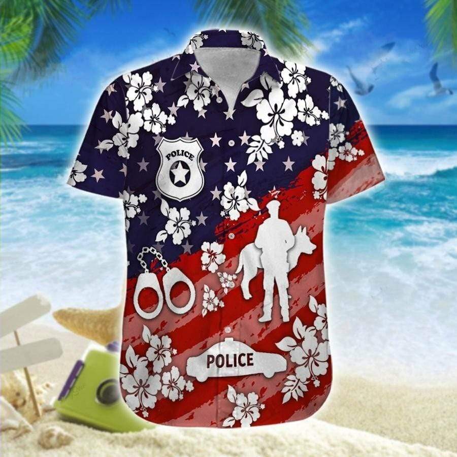 Hawaiian Aloha Shirt Made In Hawaii Police Navy And Red