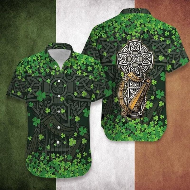 Hawaiian Aloha Shirts/ Irish St Patrick''s Day The Celtic Cross Harp/ St Patrick''s Day Hawaiian shirt
