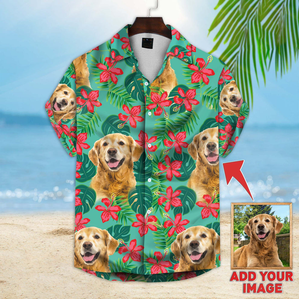 Custom Image Dog Leaves & Flowers Pattern Short-Sleeve Hawaiian Shirt Mint Color/ Gift for Men Women/ Hawaiian Shirt for Dog Lover