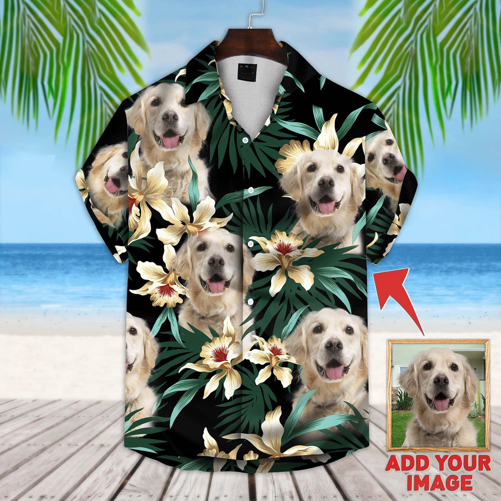 Custom Image Dog Leaves & Flowers Pattern Short-Sleeve Hawaiian Shirt Mint Color/ Gift for Men Women/ Hawaiian Shirt for Dog Lover