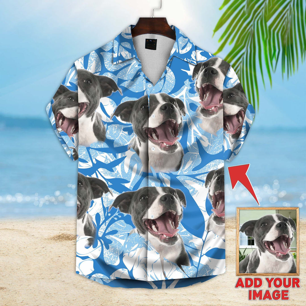 Custom Image Leaves Pattern Short-Sleeve Hawaiian Shirt Sea Blue Color/ Dog aloha shirt for men/ Hawaii shirt woman
