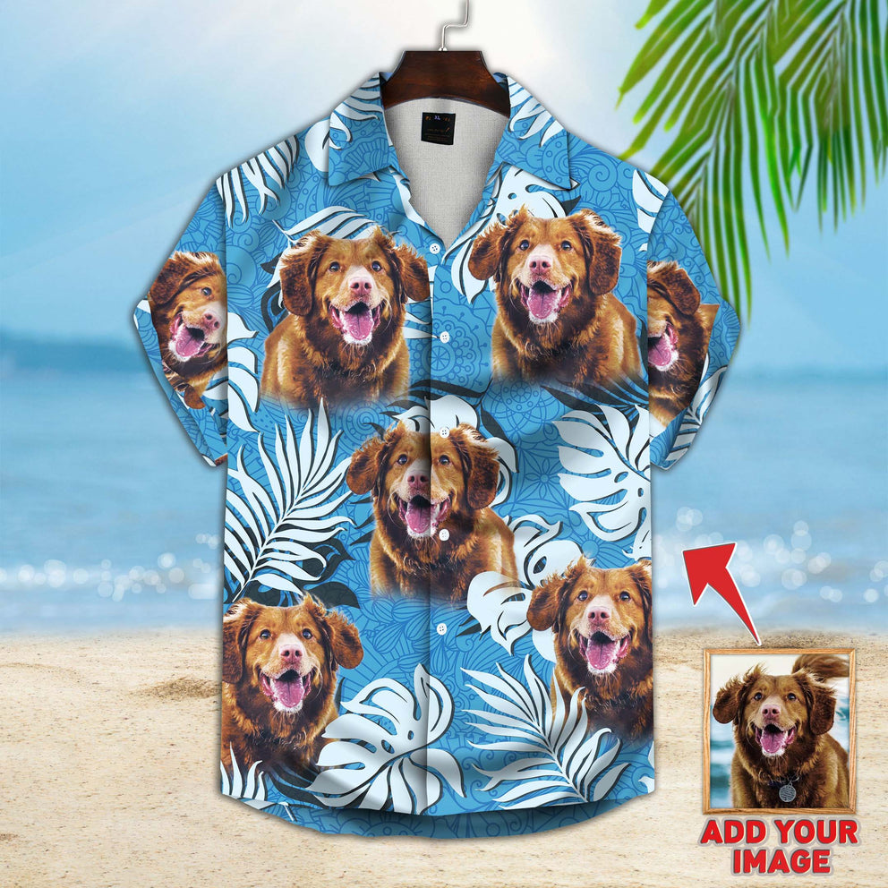 Custom Image Leaves Pattern Short-Sleeve Hawaiian Shirt Sea Blue Color/ Dog aloha shirt for men/ Hawaii shirt woman