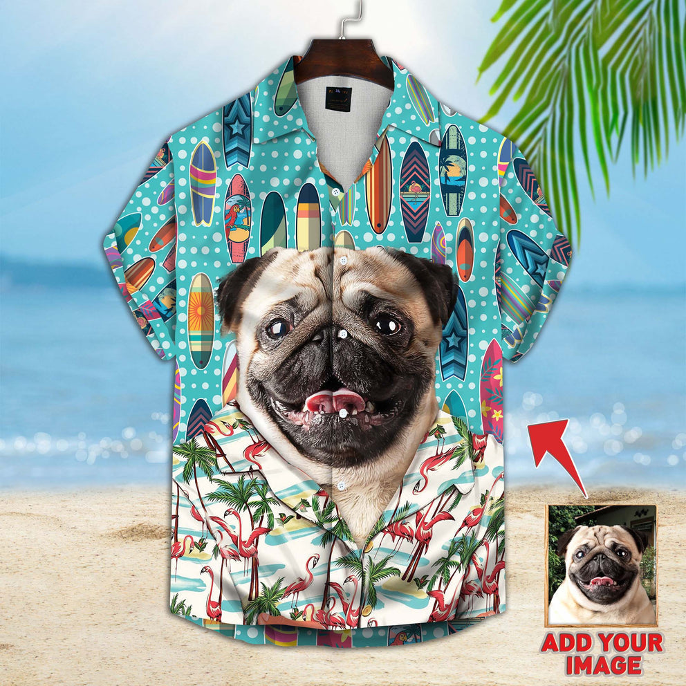 Upload Photo Dog Surfing Pattern Short-Sleeve Hawaiian Shirt/ Gift for Dog Lover/ Hawaiian Shirt Men Women
