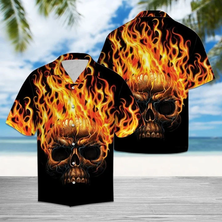 Hawaiian Shirt Flame Metal Skull Head In Black hawaii shirt for Men