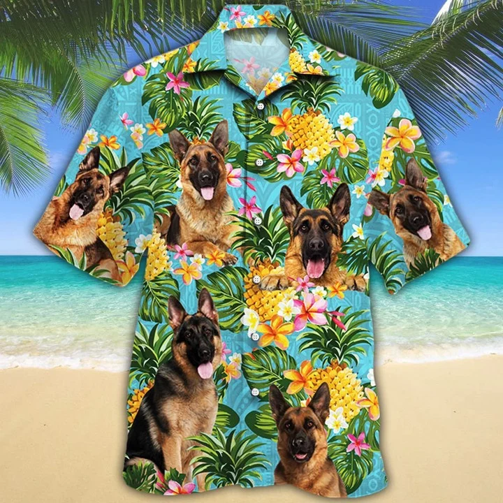 Hawaiian Shirt German Shepherd Dog With Tropical Flowers And Pineapples