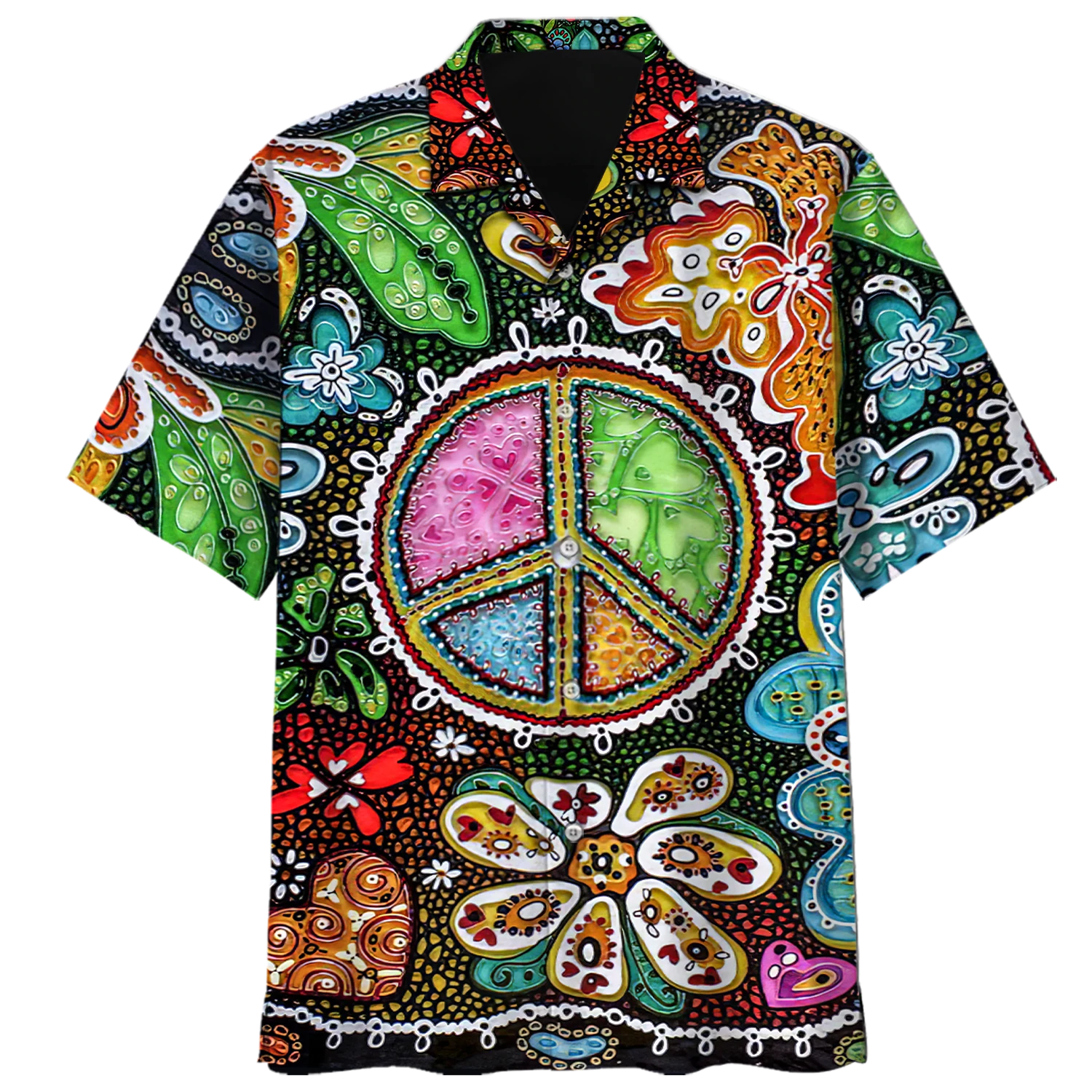 Spiritual Hippie Floral Pattern Peace Sign Tie Dye Trippy Hawaiian Shirt