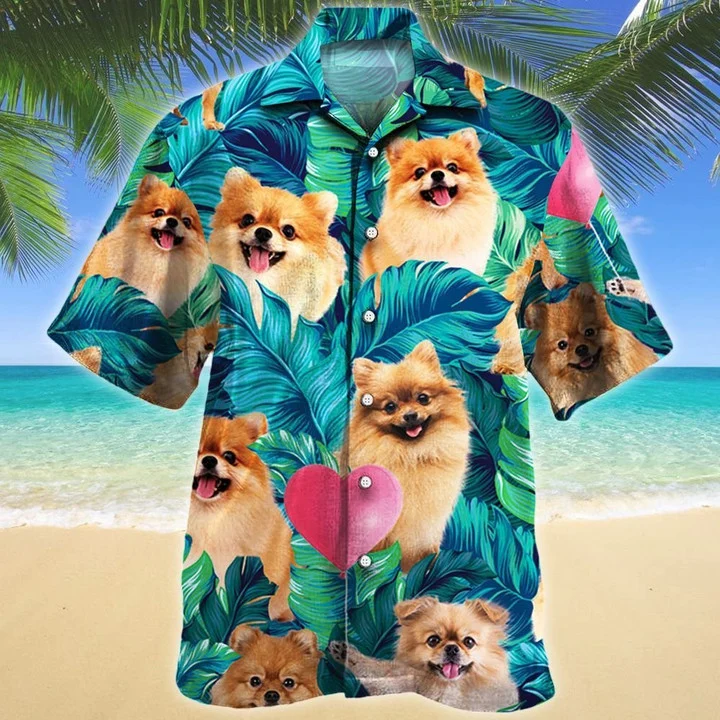 Heart Shape And Pomeranian Dog Lovers Gift Ideas Summer Beach Palm Tree Hawaiian Shirt