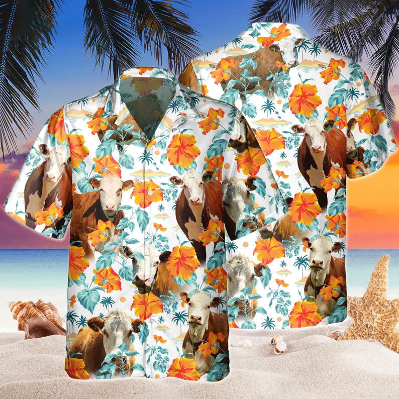 Custom Name Hereford Cow Hibiscus Flowers All 3D Printed Hawaiian Shirt