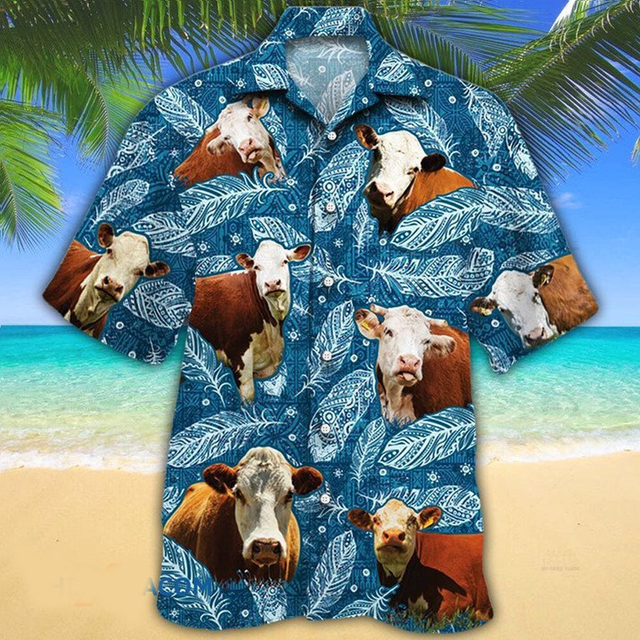 Hereford Cattle Lovers Blue Feather Hawaii Hawaiian Shirt