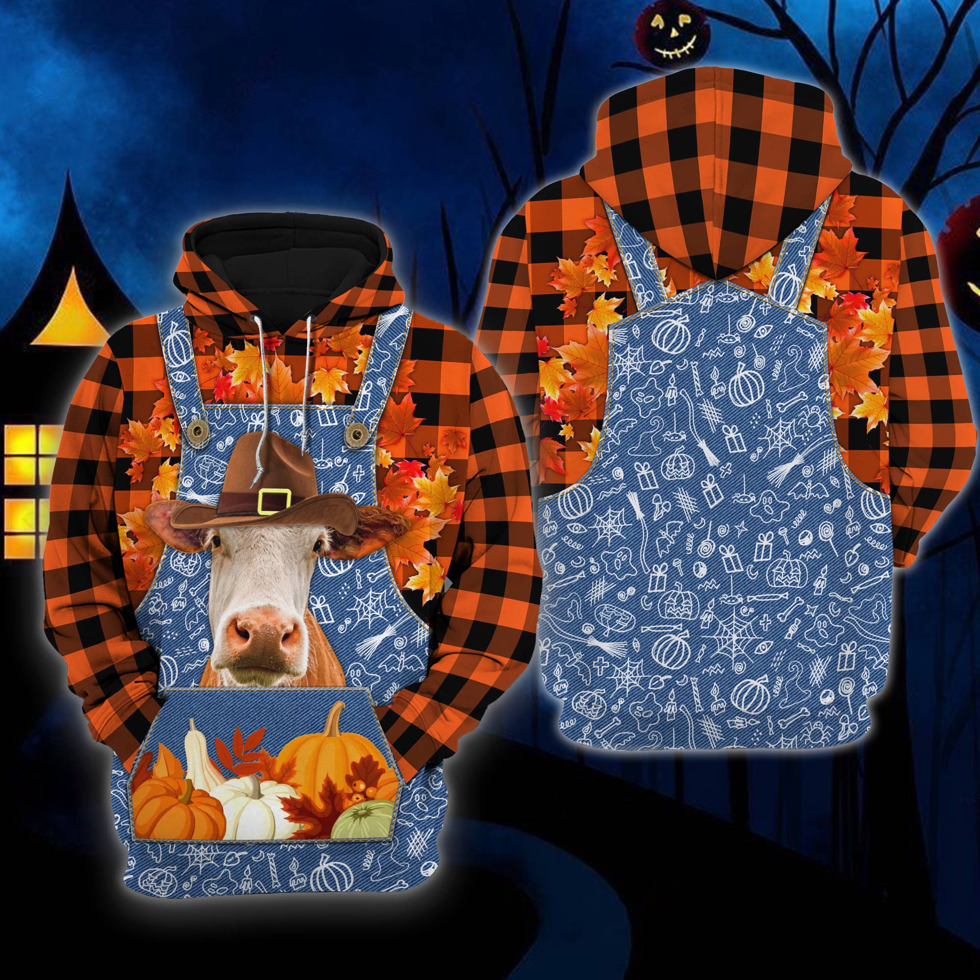 3D Halloween Hereford Orange Hoodie/ Halloween Gift For Farmer