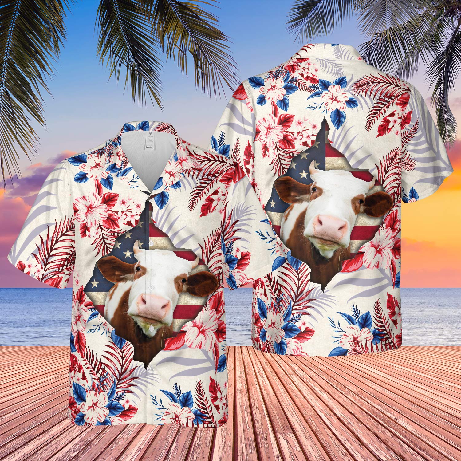 Hereford Face Hibiscus Flower All Over Printed 3D Hawaiian Shirt