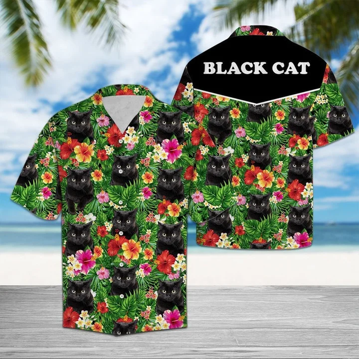 Hiding Black Cat And Flower Tropical Flower Leaves Hawaiian Shirt/ black cat aloha hawaii shirt for men/ women